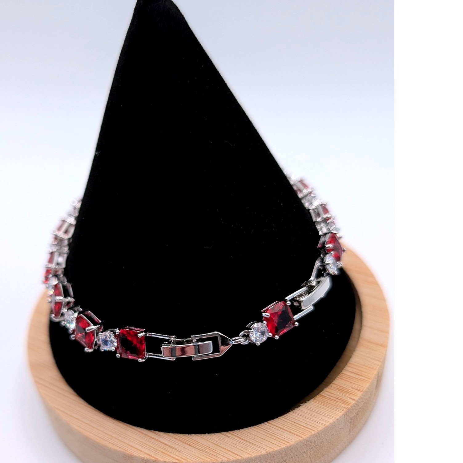 Ruby Red Emerald Cut Tennis Bracelet Silver Tone Clear Accents Formal Jewelry