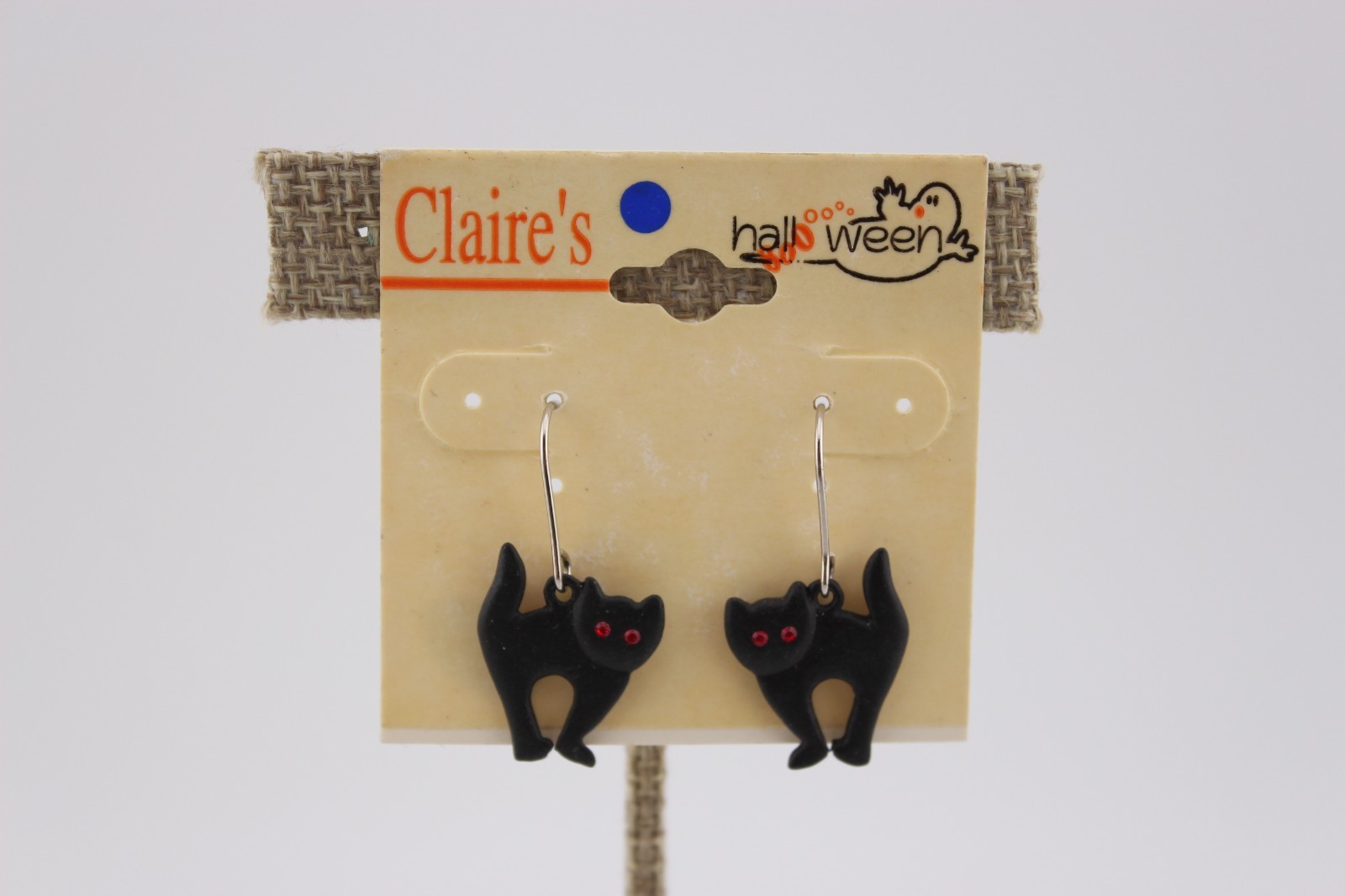 Vtg Claire’s Halloween Black Cat with Red Rhinestone Eyes Earrings New old Stock