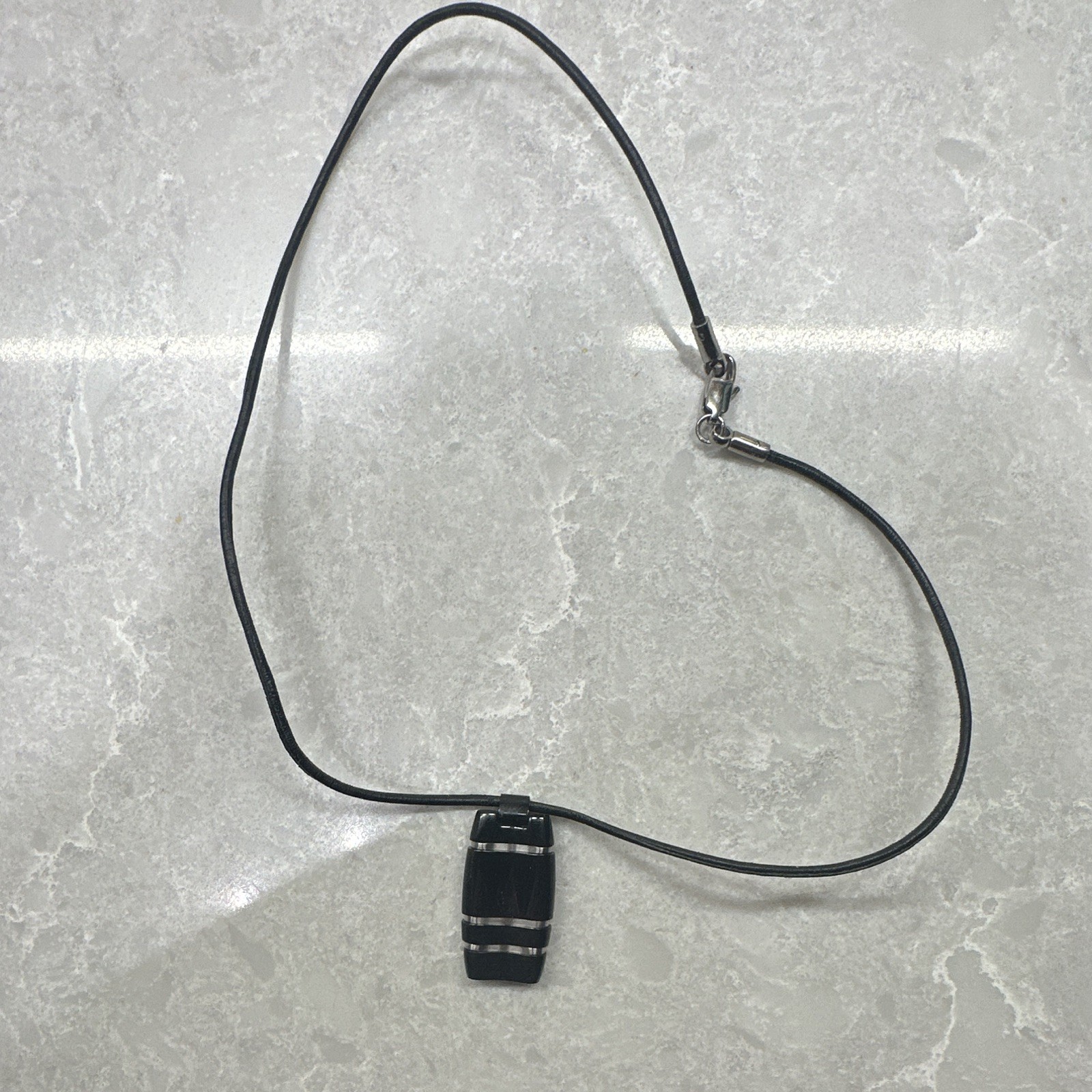 Lotus Black Leather Cord Necklace, Silver Rectangle Charm Pendant, Lobster Clasp