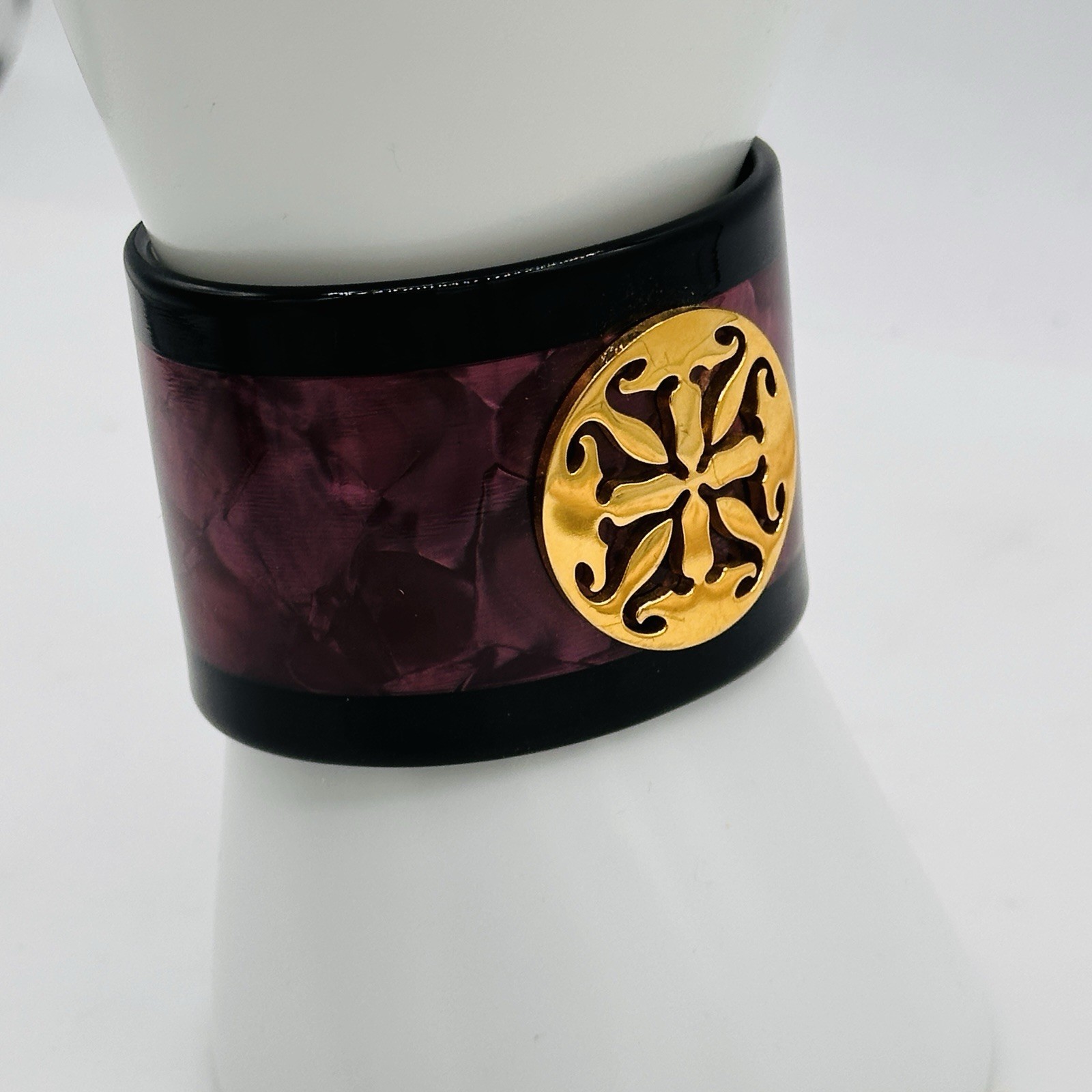 Rustic Cuff Plum Marbled Lucite Wide Open Cuff Bracelet Gold Medallion Statement
