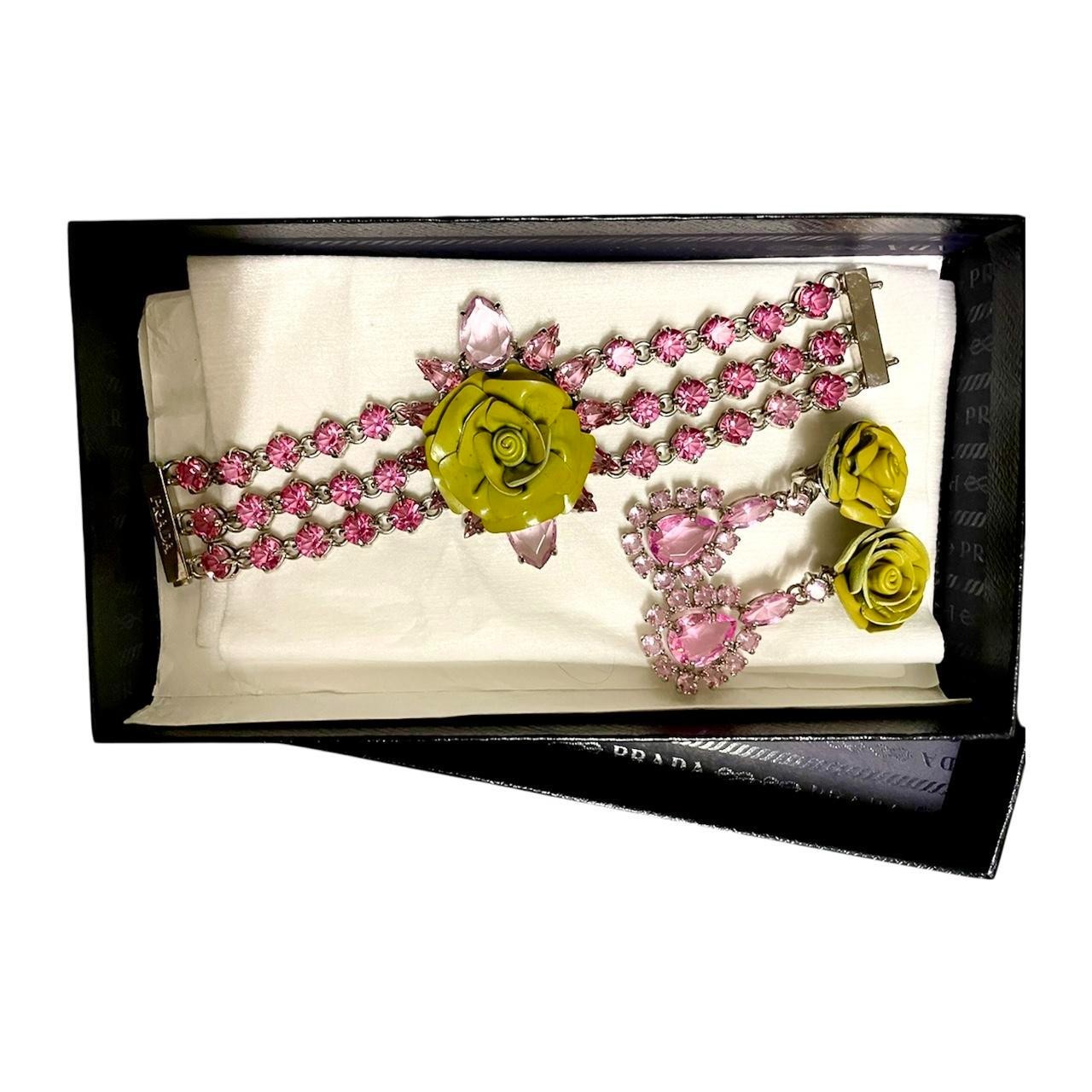 Prada S/S 2012 Green Patent Leather Rose Pink Rhinestone Bracelet & Earrings Set
