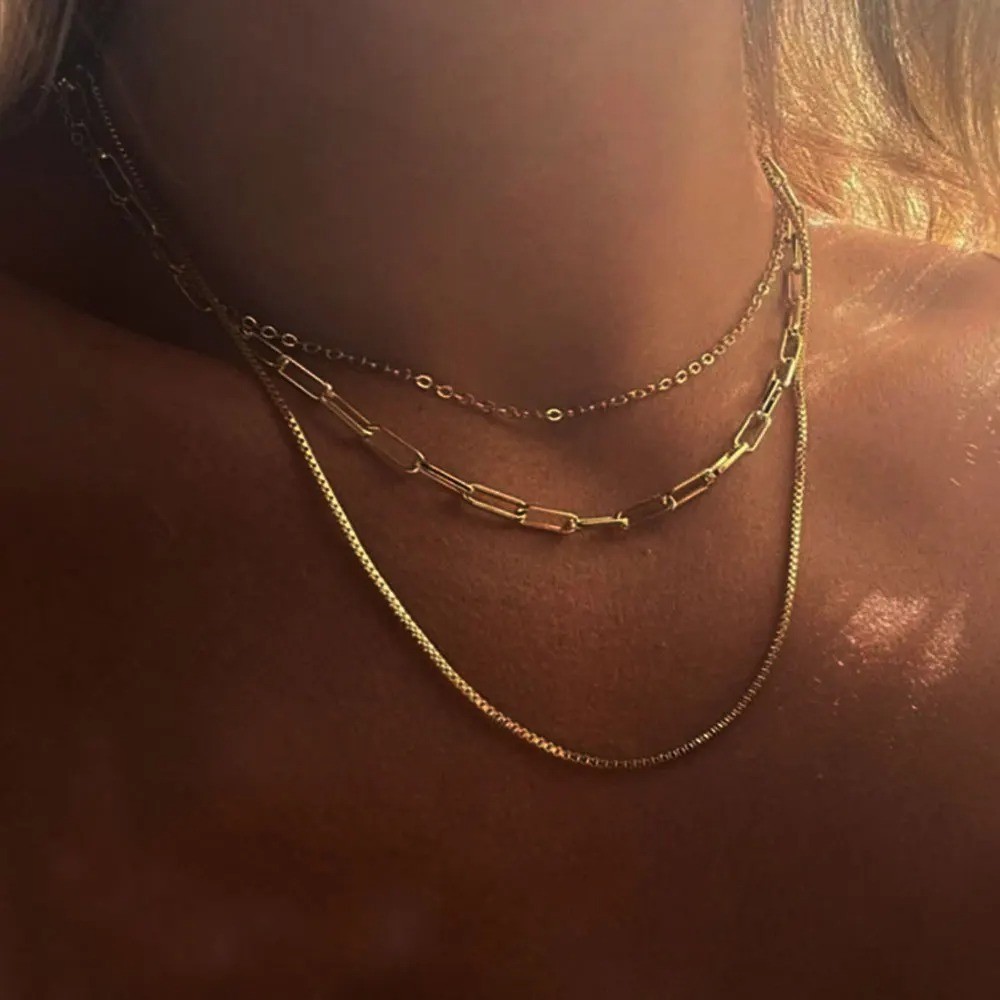 3pcs Womens Necklace 18K Gold Plated Stainless Steel Chain Woman Fashion Jewelry