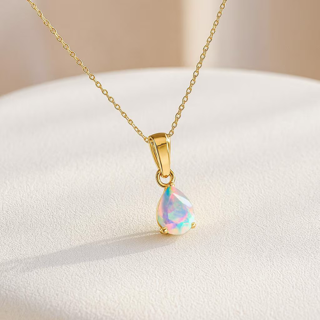 White Multifire Opal Pear Gemstone Pendant Necklace, White Opal Gemstone Gold