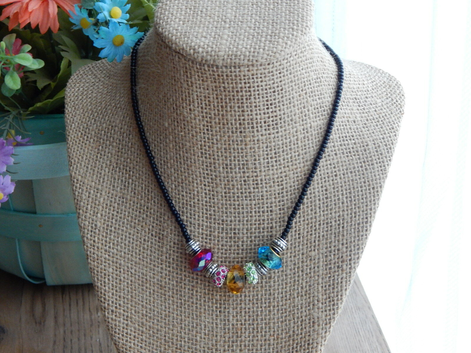 Handmade glass beads with black Czech seed beads necklace, 16 in