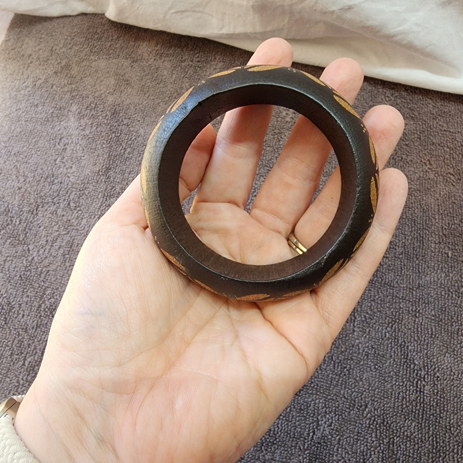 Dark brown Wooden bangle bracelet light brown carvings not signed 1 scrape jb
