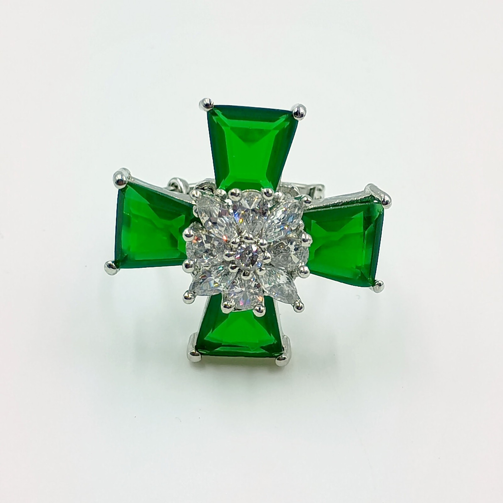 Elegant Green Stone Cross Ring White Plated Cubic Zirconia Adjustable Band Gift