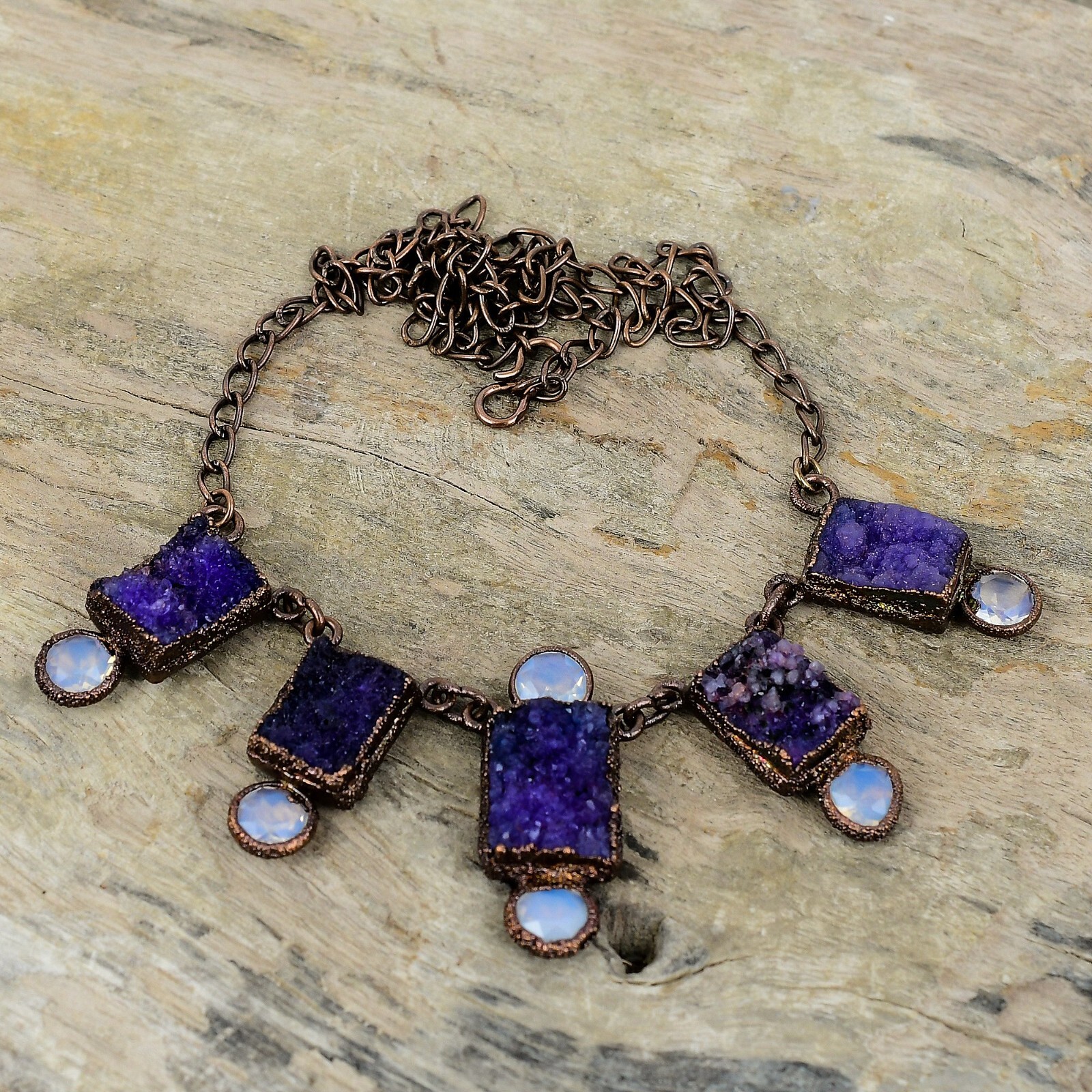 Purple Druzy Copper Friend Gift Electroformed Chain Adjustable Necklace 18.0″