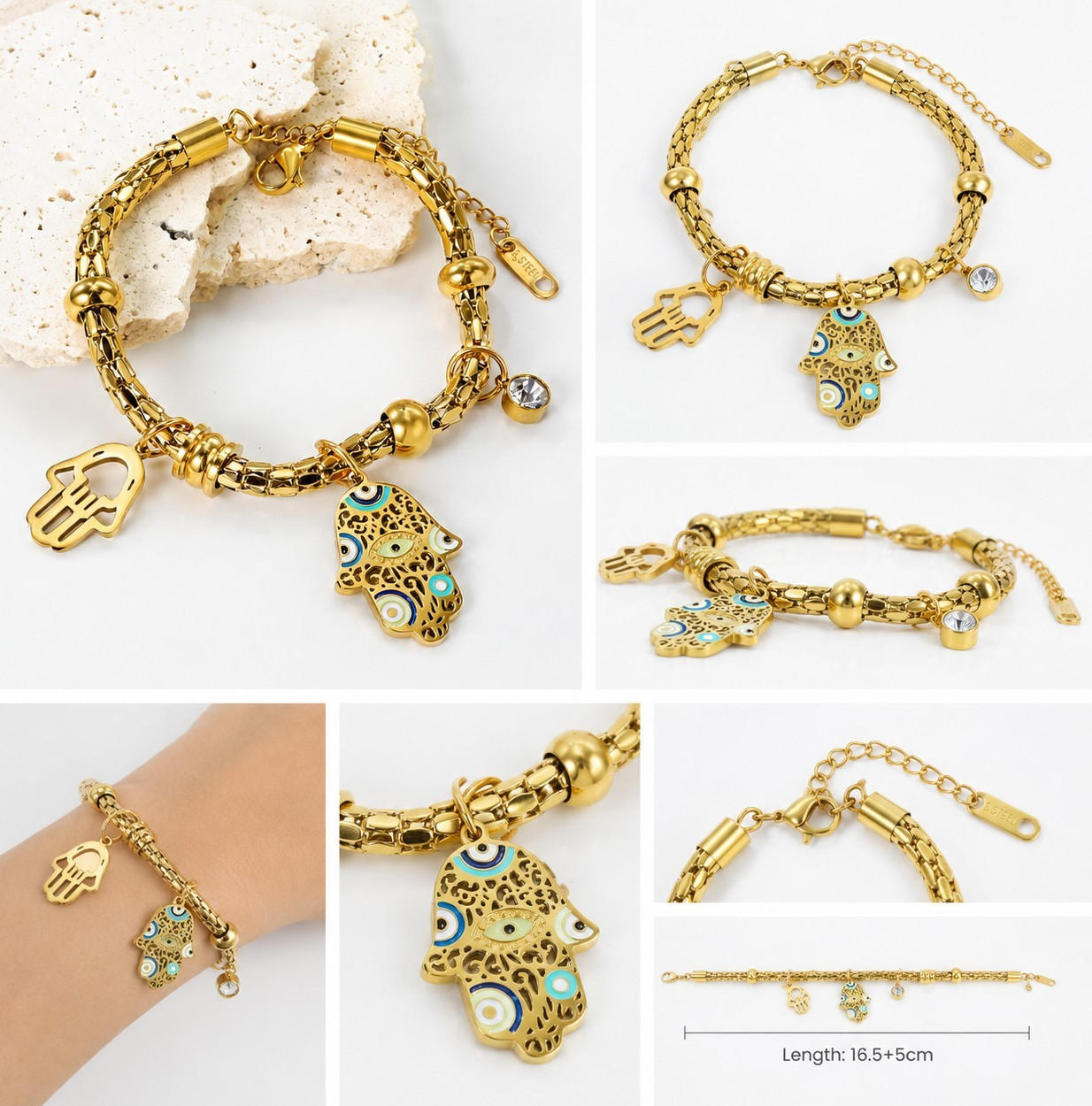 Gold Tone Hamsa Hand Charm Bracelet Snake Chain Adjustable 16.5+5cm
