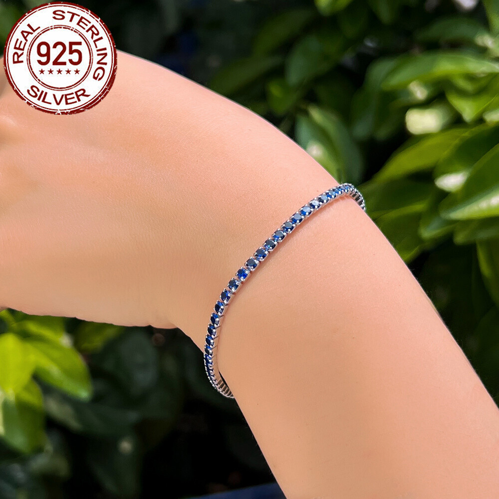 Royal Blue Round Cubic Zircon 925 Sterling Silver Tennis Bracelet for Women Gift