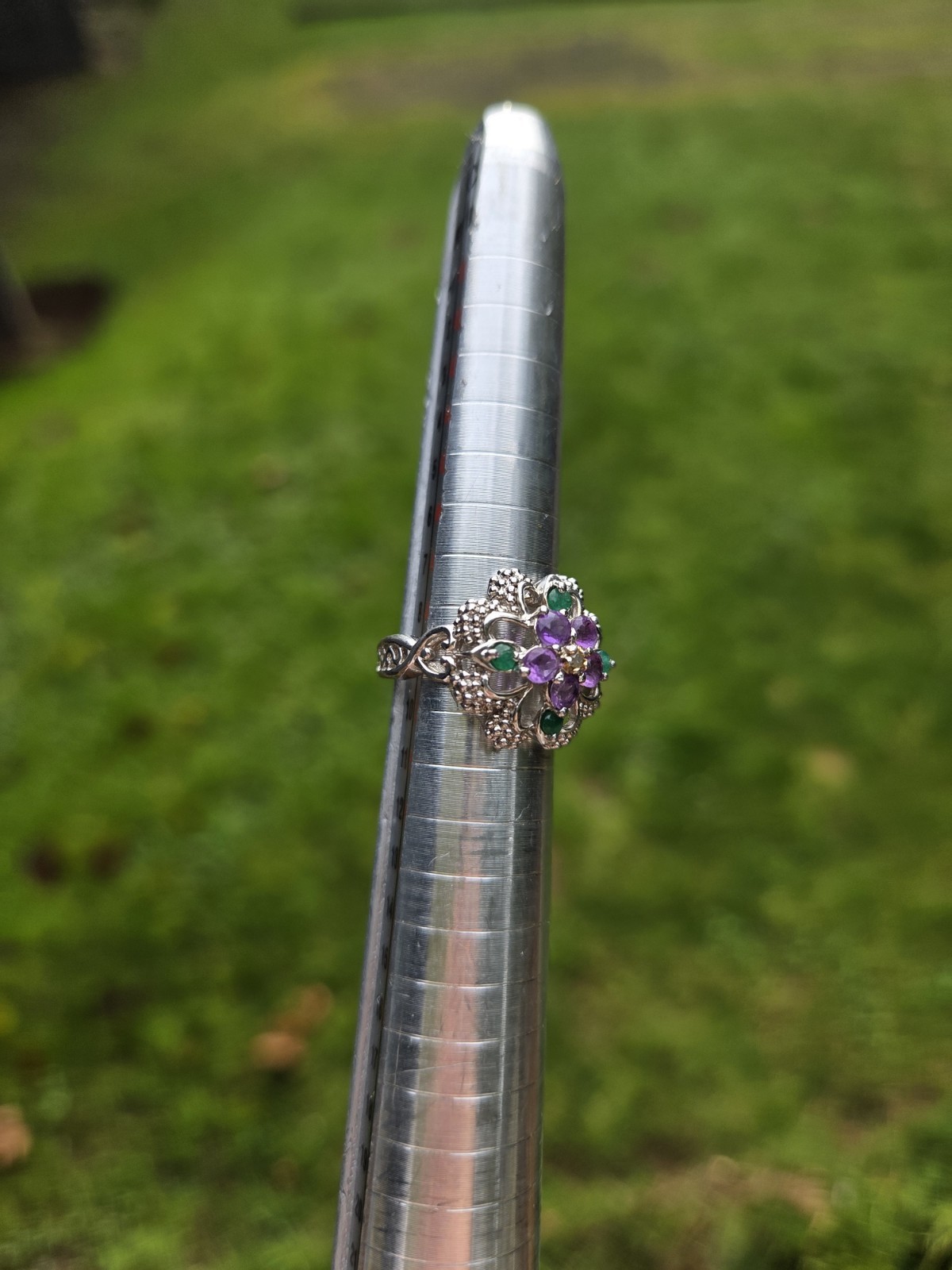 Sterling Silver Flower Ring 925 Size 5 Emerald Ruby Cubic Zirconia Art Deco Styl