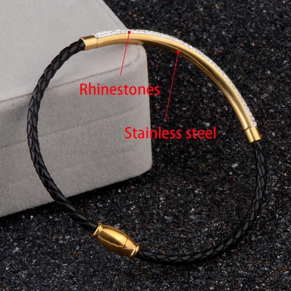 Stainless Steel Leather Bracelet Rhinestone Crystal Bangle with Magnetic Clasp