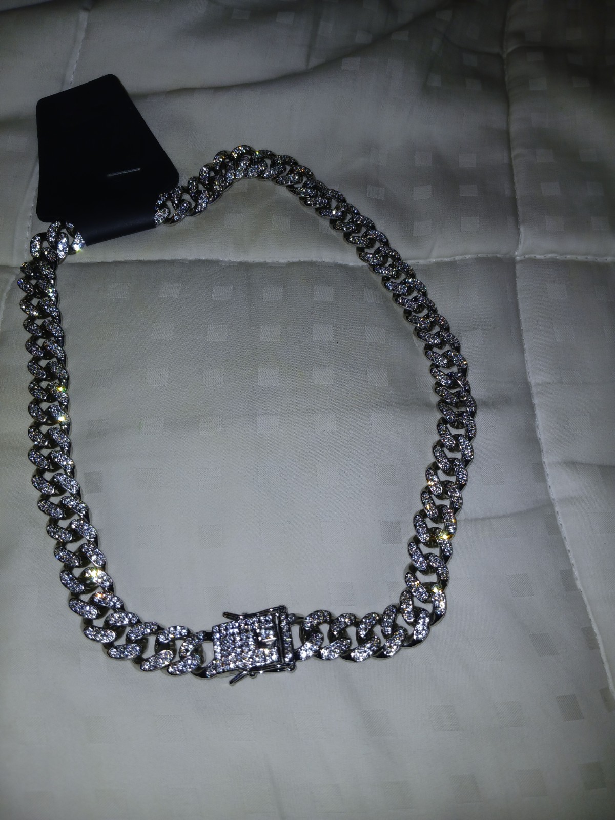 Silver Tone Cuban Link Chain Necklace White Round Crystal Rhinestone, Box