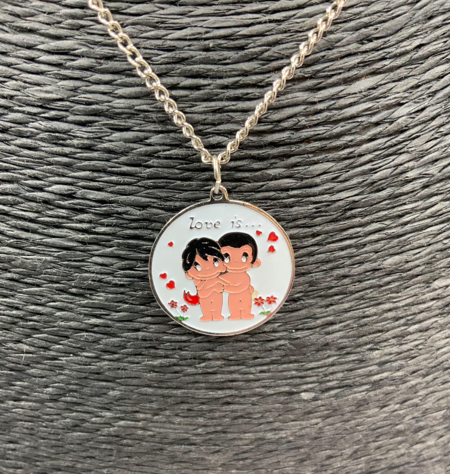 Vintage 1970’s ‘Love is’ Necklace Cartoon Couple Kim Casali Circle Metal Pendant