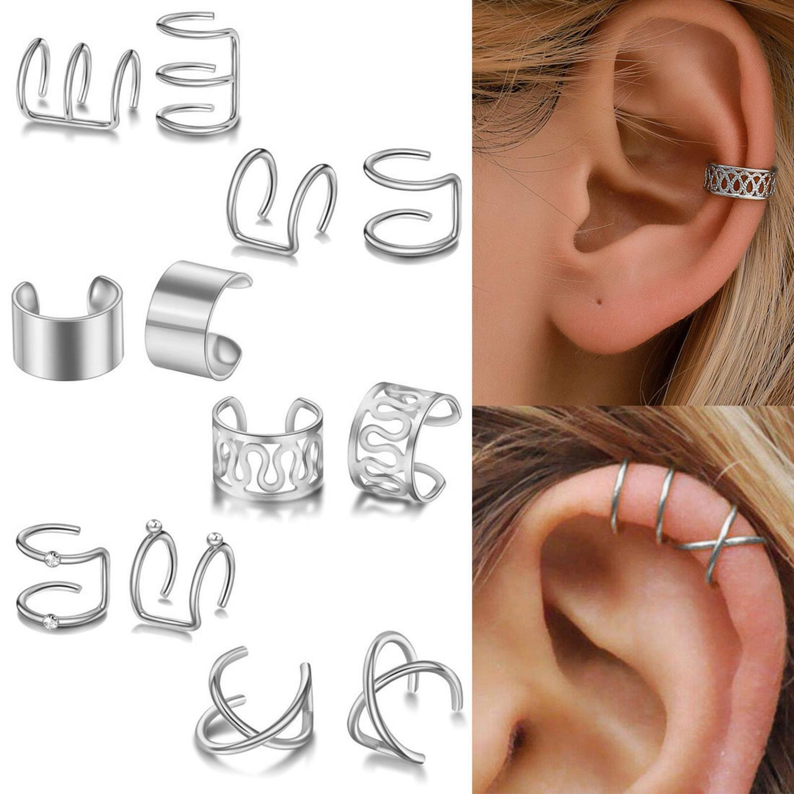 12PCS Ear Clip Cuff Wrap Fake Earring Stud Hoop Non Piercing Cartilage Helix Set