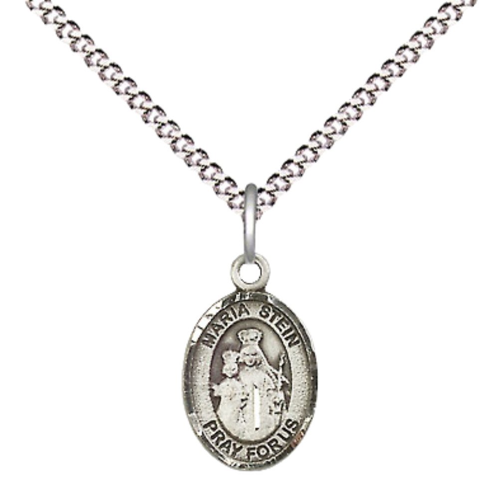 Small Pewter Maria Stein Medal Pendant 18″ Lobster Claw Chain Religious Necklace