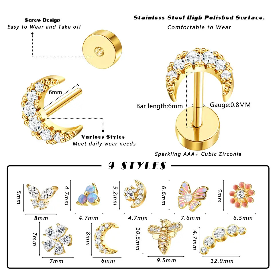 Flat Back Stud Earrings Stainless Steel Simulated Zirconia Tragus Women Jewelry