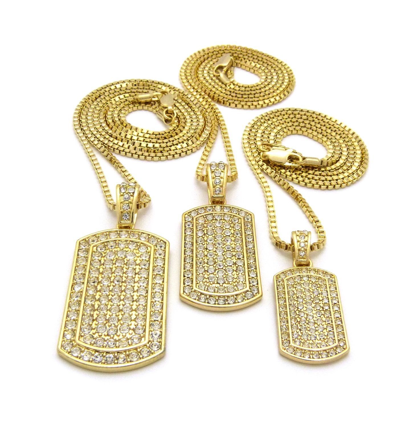 Iced Hip Hop Three Dog Tag Pendant & 24″, 27″, 30″ Box Chain 3 Necklace Set