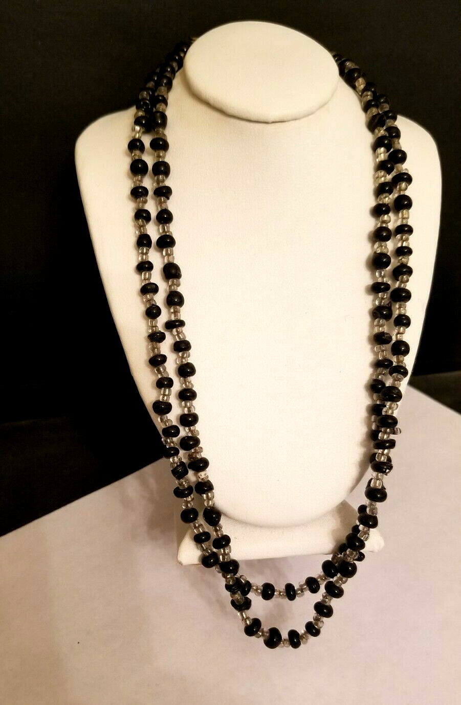 FREE SHIP 2 Stunning Black + Clear Glass Bead Necklace Strand String