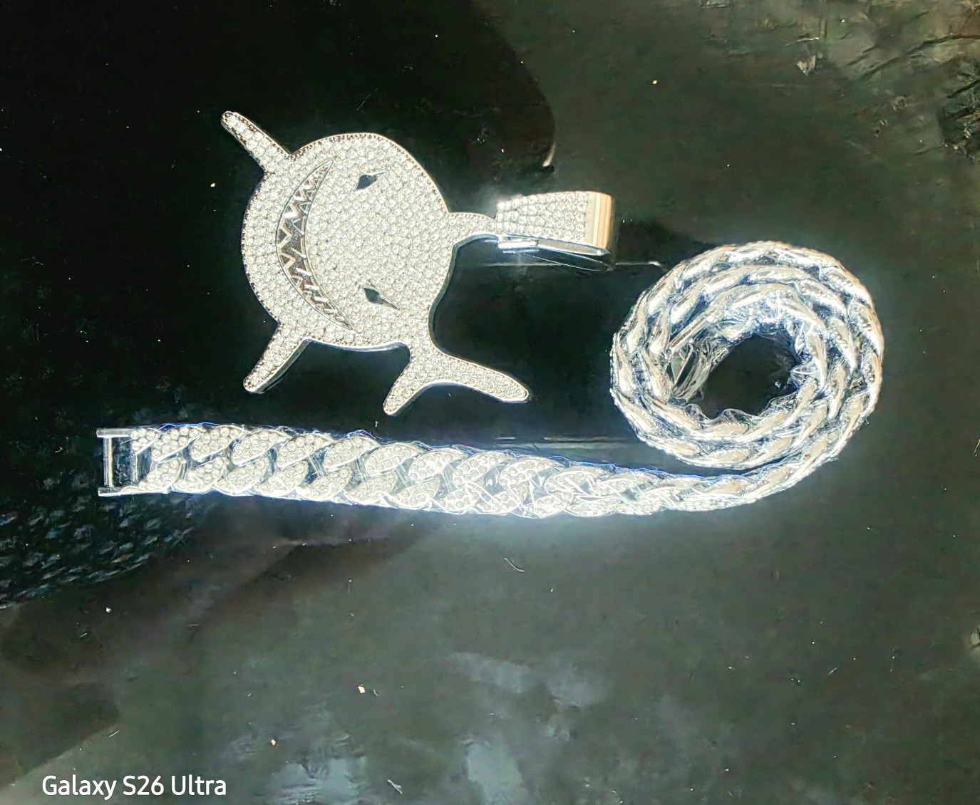 Silver Plated Pavé Crystal Shark Charm Pendant Cuban Link Chain Necklace