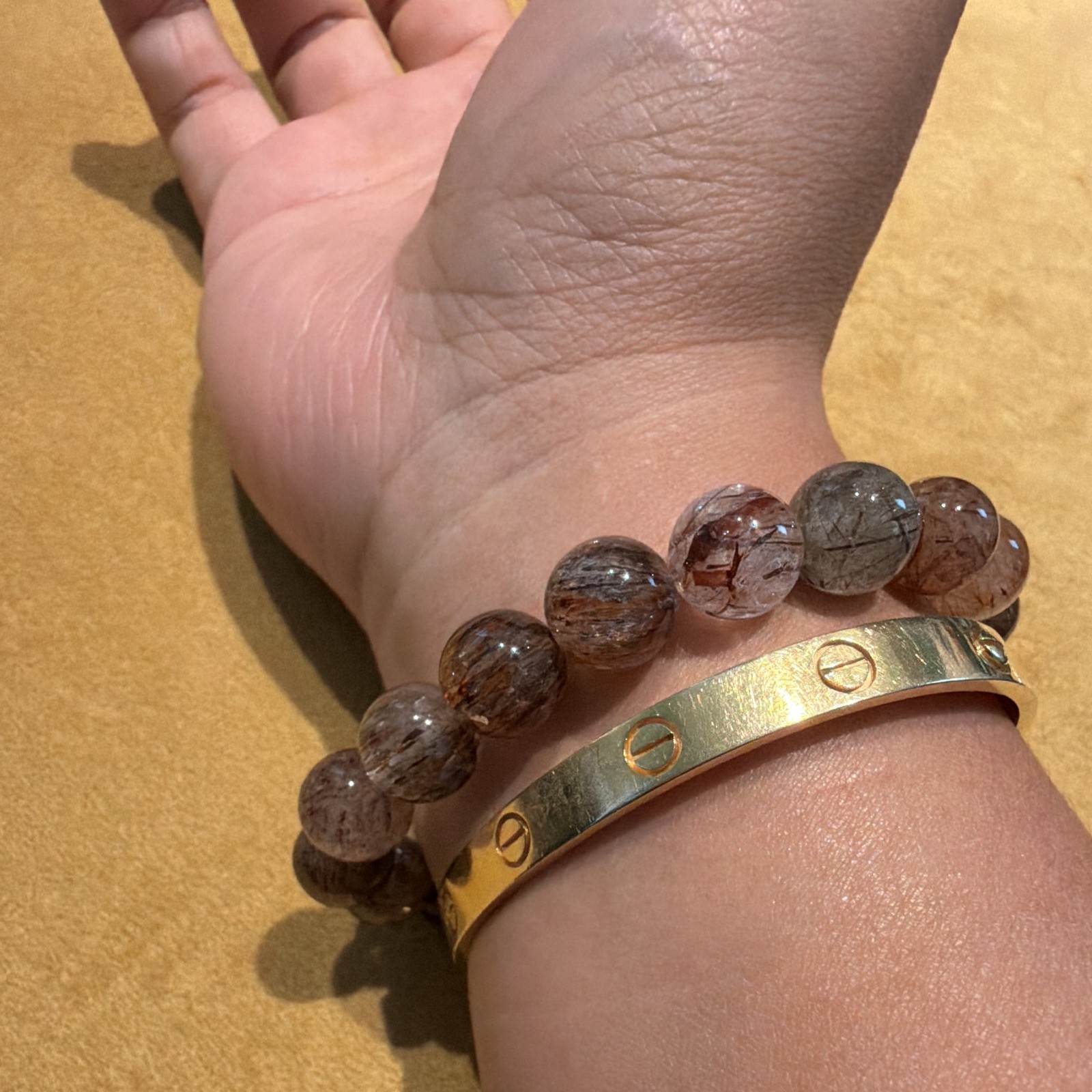 Brown Gray Round Stone Beaded Stretch Bracelet Sizable Fit