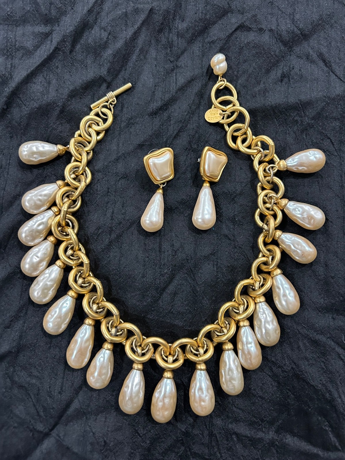 Anne Klein Couture Pearl Matte Gold Necklace and Earrings late 80’s early 1990’s