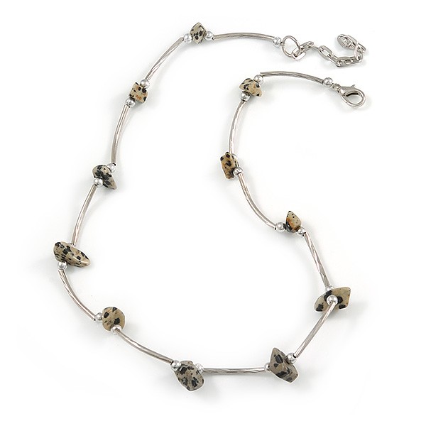 Grey/ Black Semiprecious Stone with Silver Bar Necklace/ 42cm L/ 5cm Ext