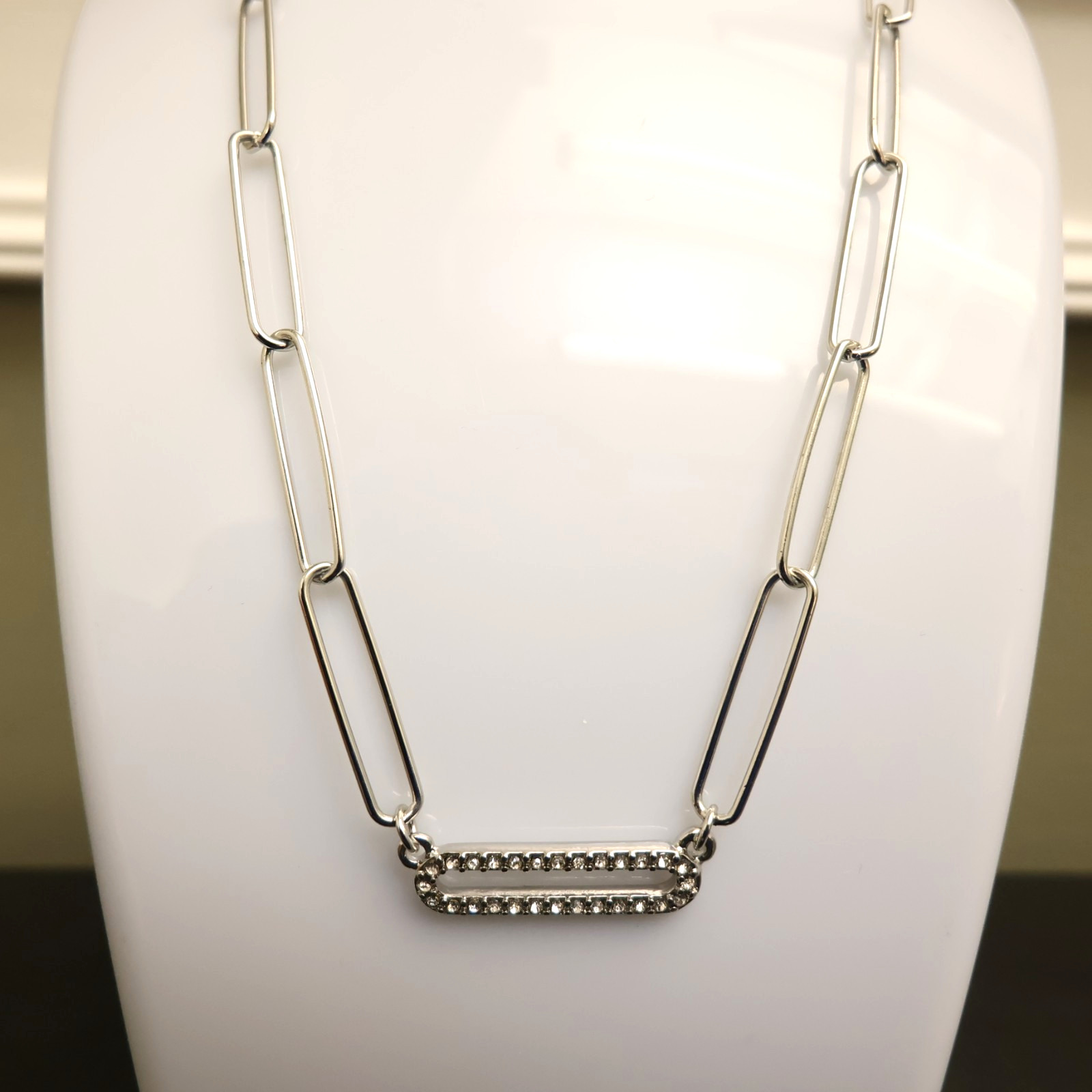 Marlyn Schiff necklace paperclip chain silvertone w crystals signed nickel free