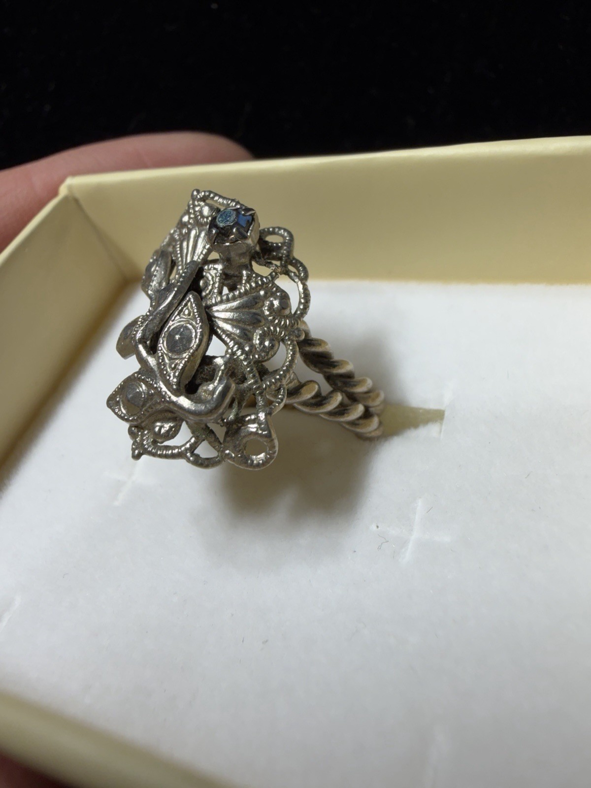 Vintage Adjustable Filigree Statement Ring Silver Tone AB Rhinestone Floral