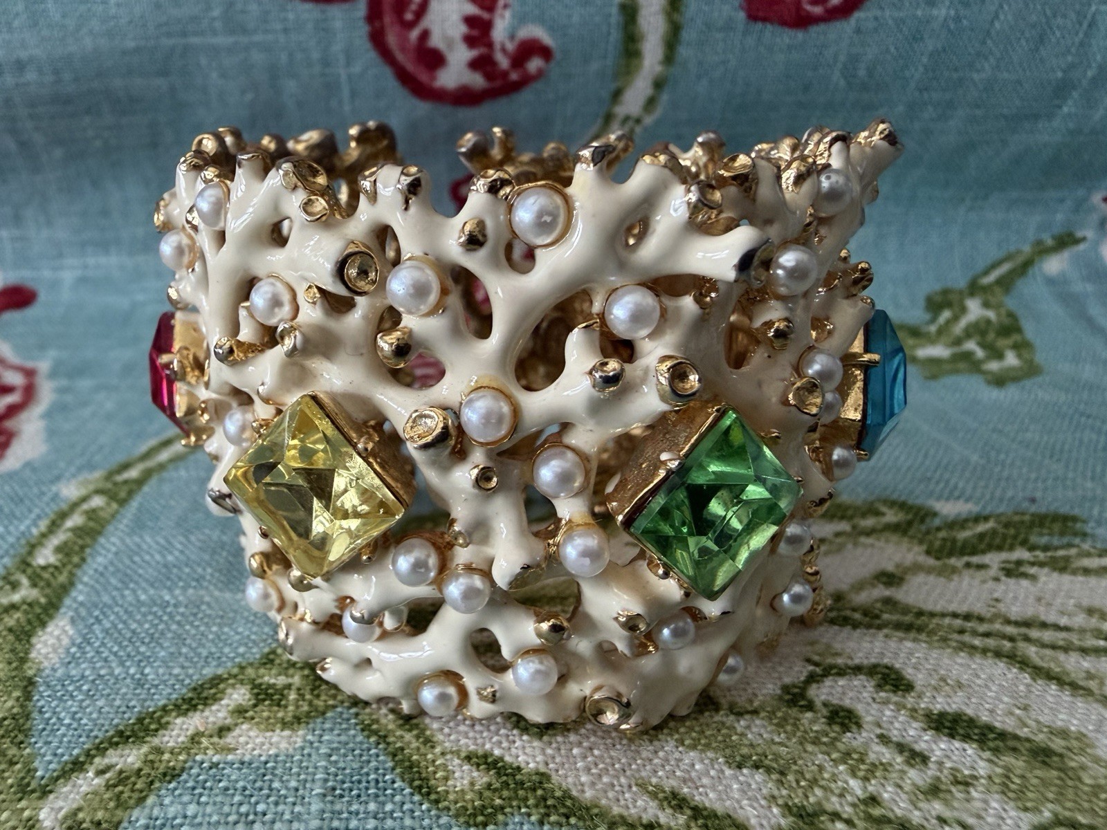 KJL Kenneth Jay Lane Rhinestone White Enamel Coral Hinged Cuff Bracelet
