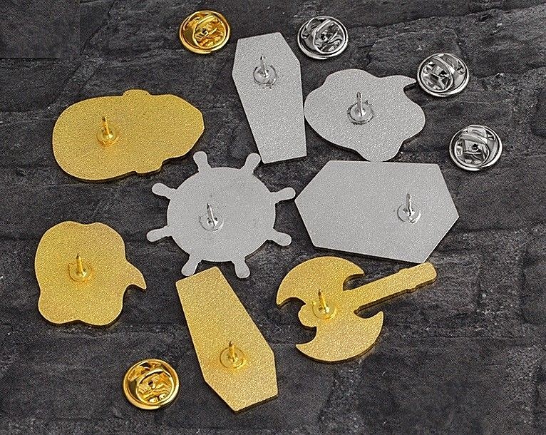 Metal 1.25″ to 1.5″ Vest / Hat / Lapel Pins – Skulls Coffins Tarot Double Axe