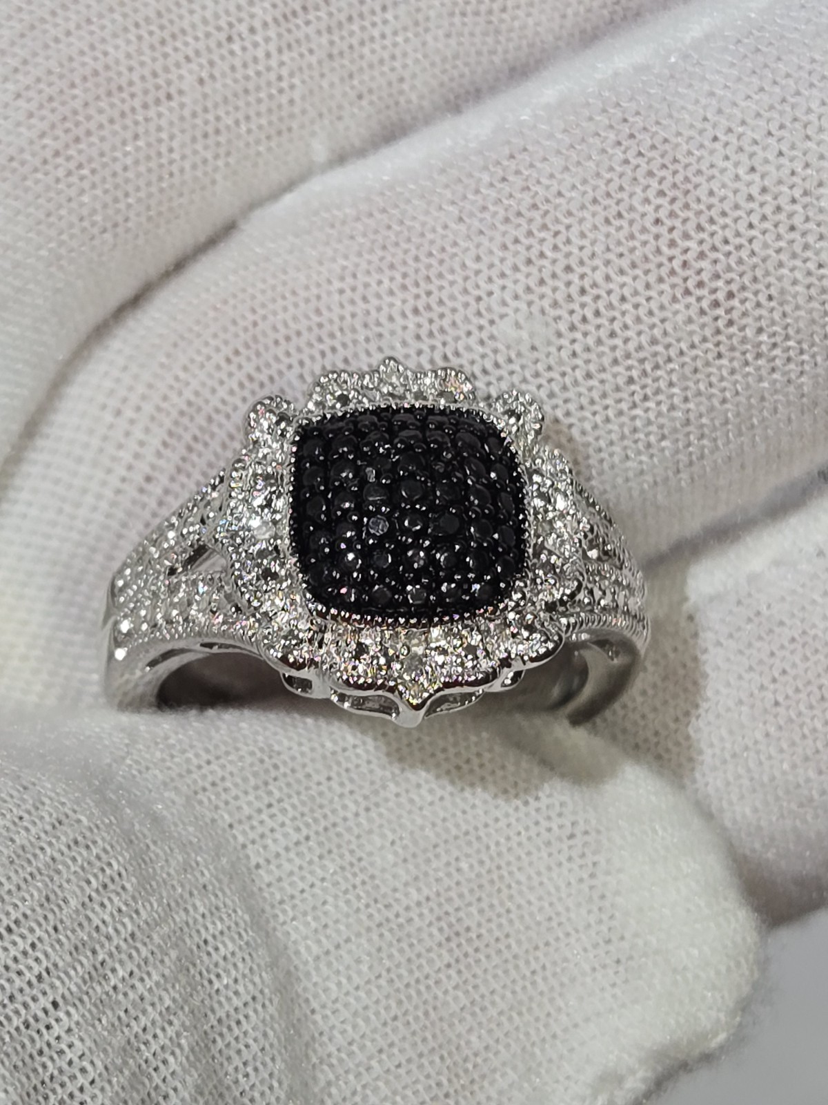 New Lab Grown Black Diamond Cushion Halo Cocktail Ring Split Shank Band Size 7.5