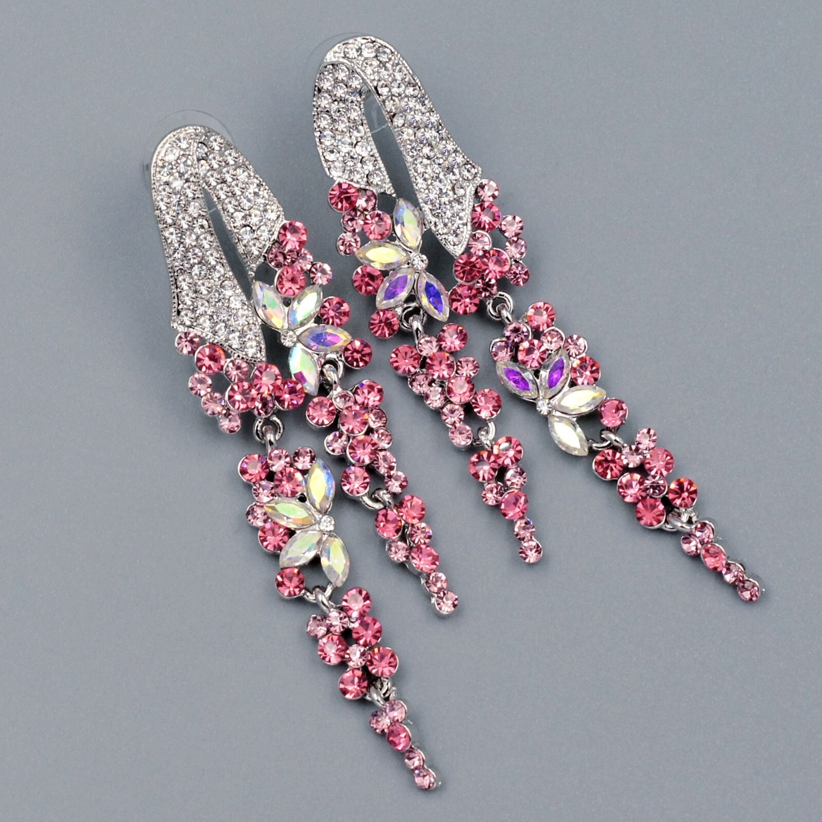 Pink Crystal Rhinestone Tassel Dangle Earrings Silver Tone Flower Women Gift 910