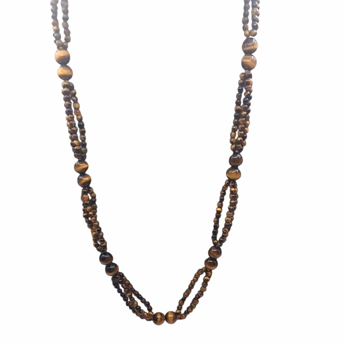Multi-Strand Tigers Eye Beaded Gemstone 26″ Knotted Cabochon Reflective Necklace