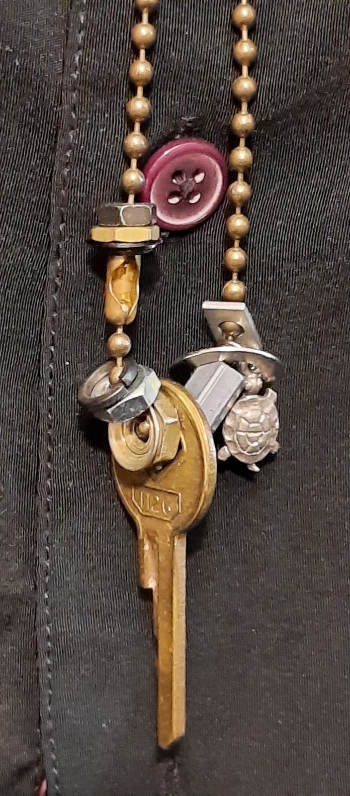 27 Inch Steampunk Necklace With Brass Key, Nuts, Washers, and Turtle Made In USA
