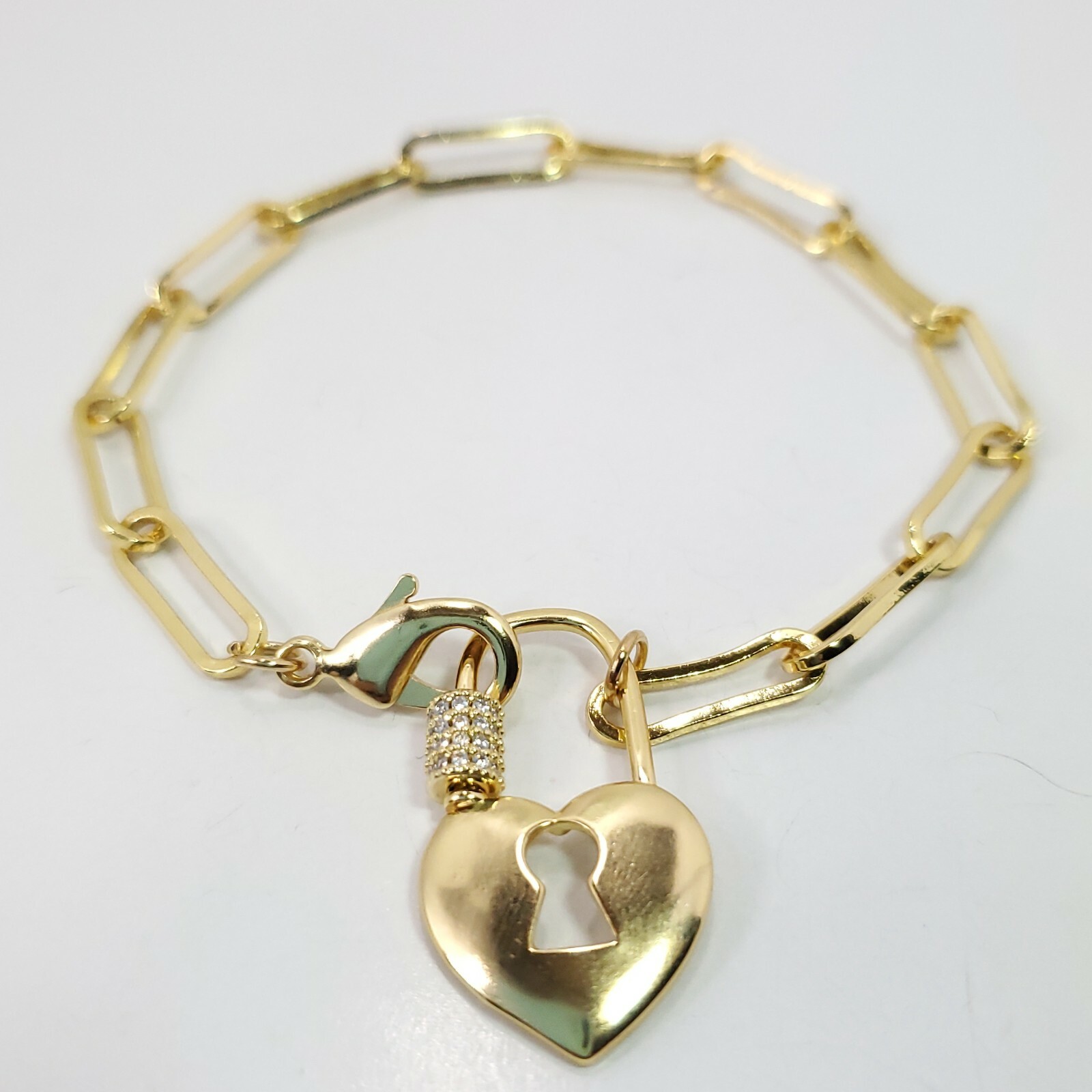 B0052 Gold Tone Metal Long Box Chain Heart Love Design Lock Shape Bracelet