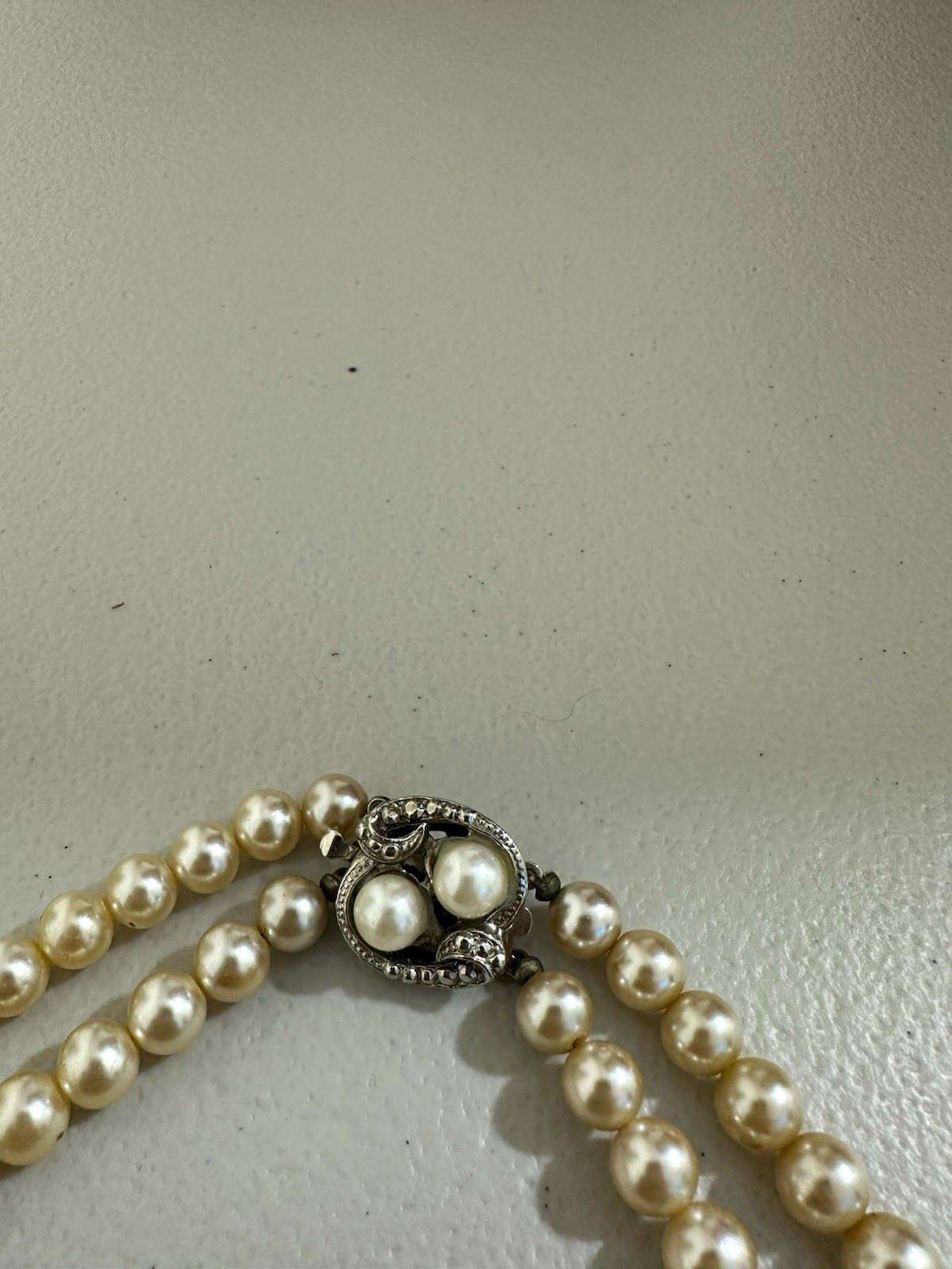 Double Strand White Faux Pearl Beaded Necklace Marcasite Silver Tone Box Clasp