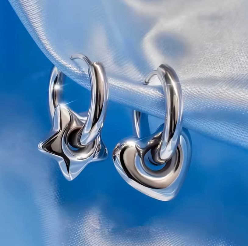 Chunky Stainless Steel Star Earrings – 1″ Drop on Detachable Hoop