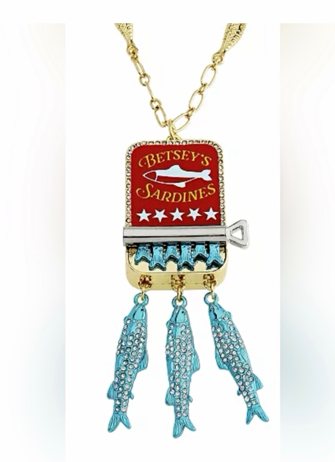 BETSEY JOHNSON SARDINES CAN CHARM PENDANT NECKLACE GOLD RED BLUE CRYSTAL – NWT