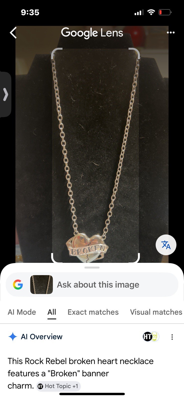 Silver Tone Cable Chain Necklace Broken Heart Charm Pendant Lobster Clasp