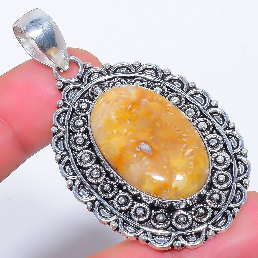 Natural Fossil Coral Gemstone 925 Silver Plated Jewelry Pendant 2.4″ M1591