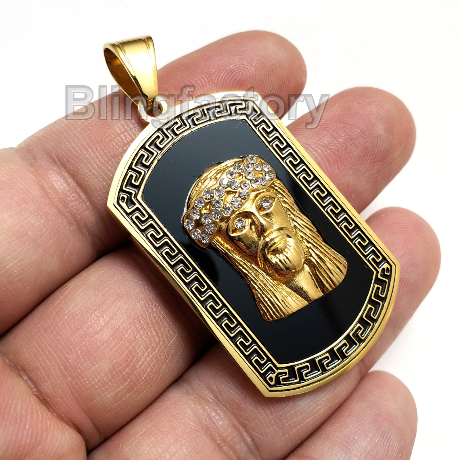 HIP HOP ICED FASHION GOLD PT JESUS HEAD DOG TAG STAINLESS STEEL CHARM PENDANT