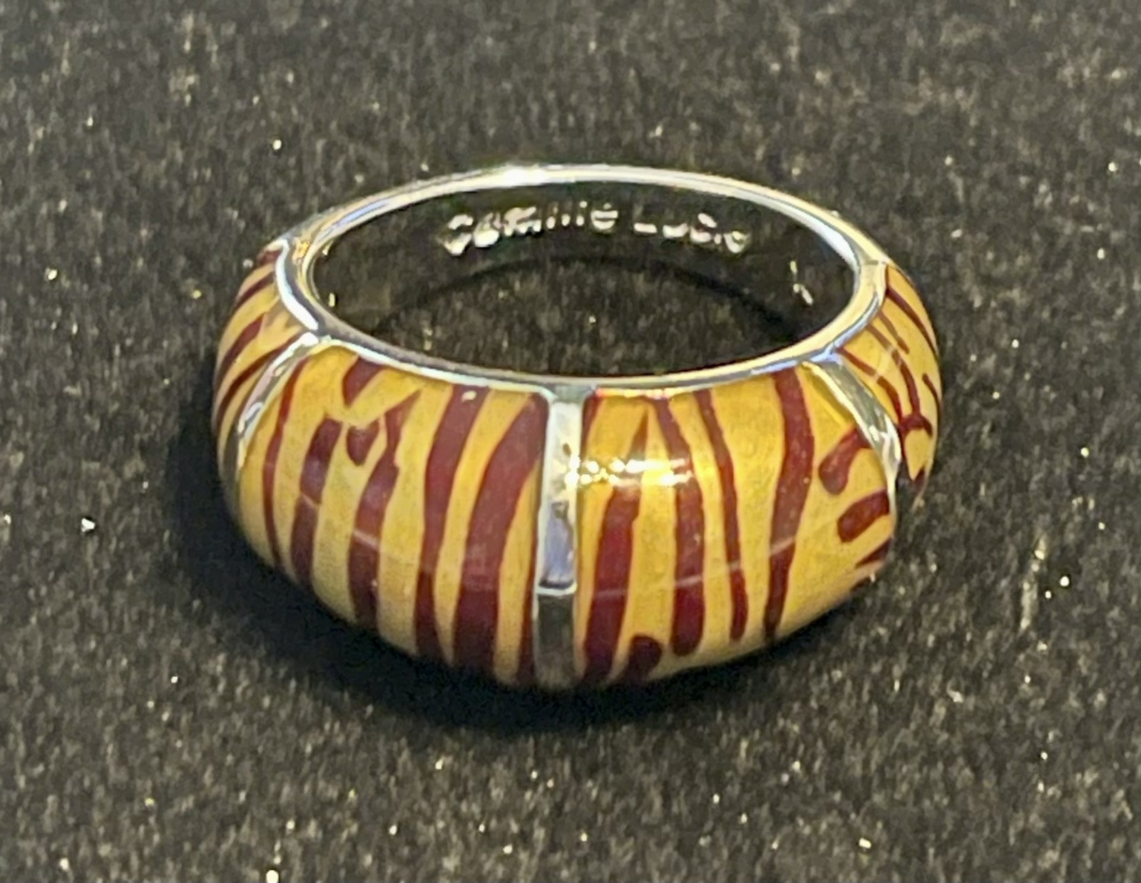 Camille Lucie Tiger Stripe Dome Ring Sz 9 Silver Tone Metal Enamel Animal Print
