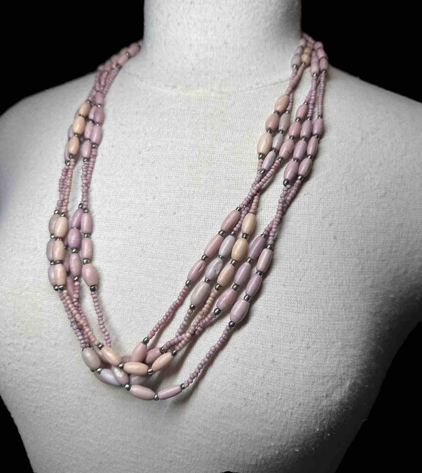 Vintage Lavender Pink Multi-Strand Dyed Stone Bead Necklace Long Layered 29″