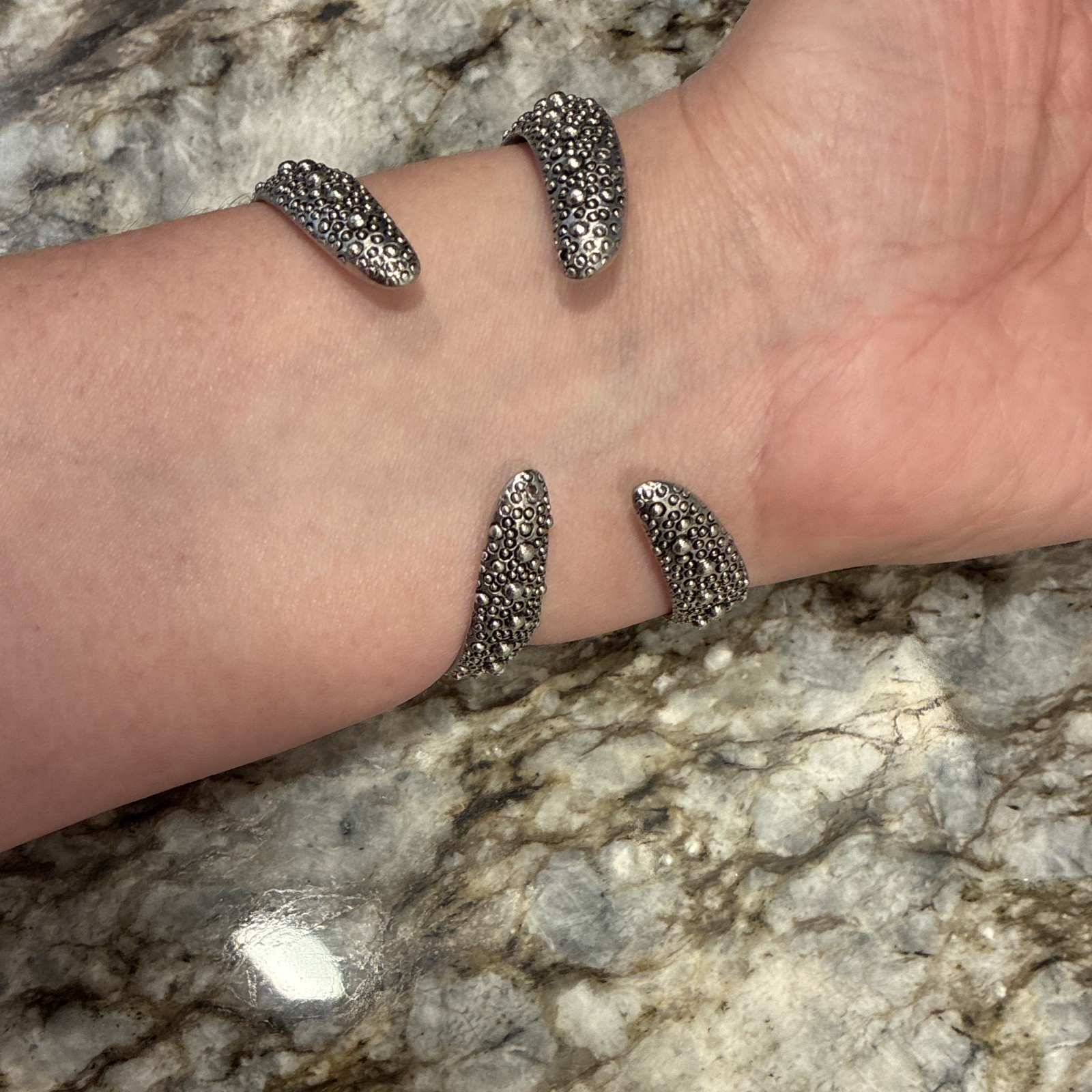 Starfish Silver Tone Open Cuff Bracelet Textured Metal Beach Ocean Theme