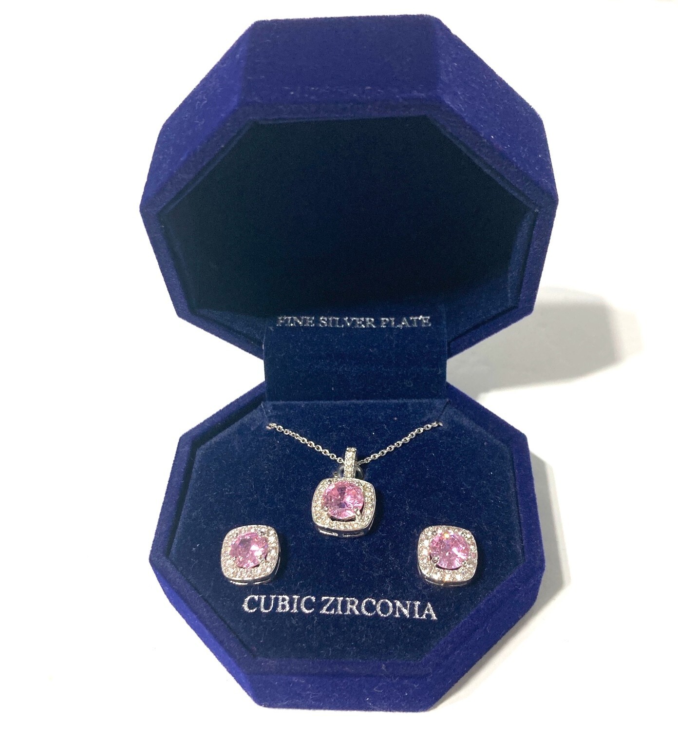 MACY’S SILVER PLATED PINK CUBIC ZIRCONIA STUD EARRINGS & NECKLACE 18″ SET NIB