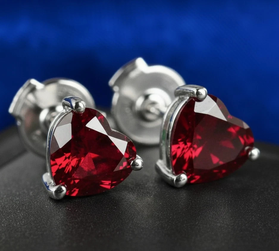 14K White Gold Plated 1.50Ct Simulated Heart Red Ruby Solitaire Stud Earrings