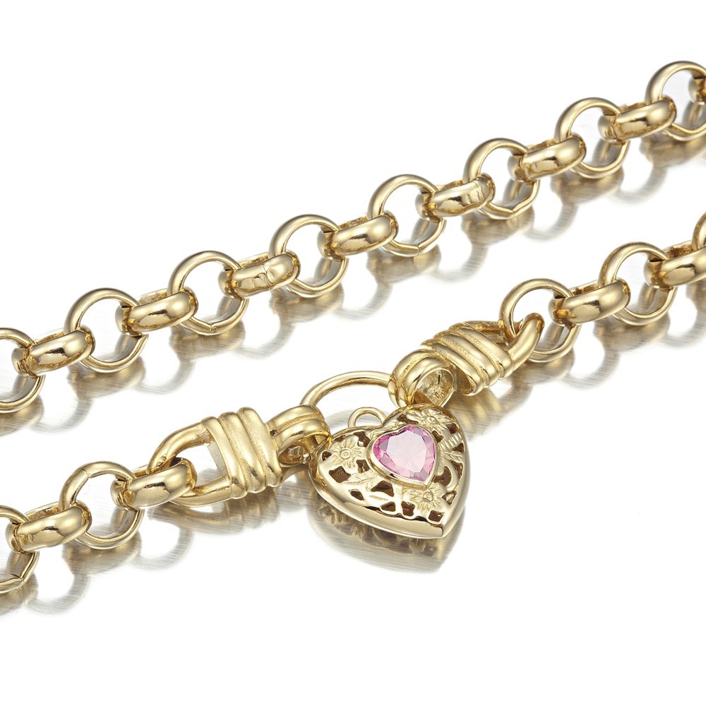 18K GL Thick Solid Belcher Yellow Gold Necklace Filigree Heart Padlock Rose Pink