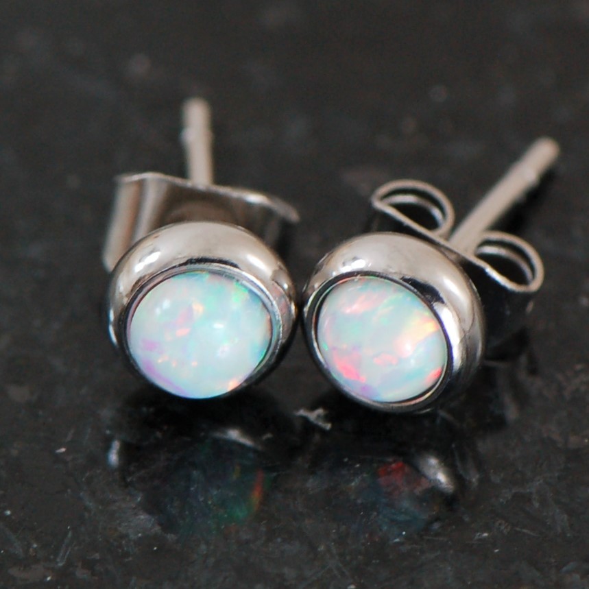1 Pair Bezel Set 6 mm White Opal Stone 316L Surgical Steel Ear Stud Earrings