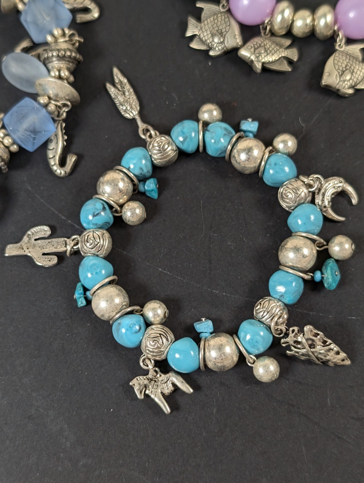 5 Beachy Beaded Bracelets Lot Silver Tone Metal Beads With Charms Fish Shrimp