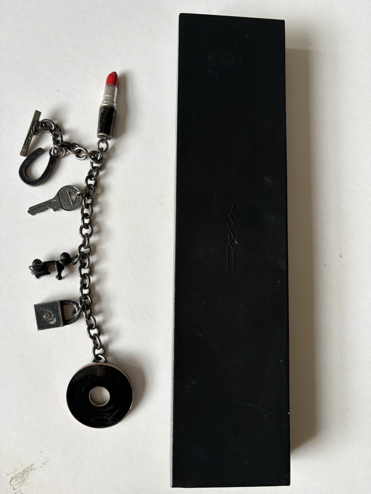 Vintage MAC Charm Bracelet Lipstick Black Signed Key Employee Only Collectibles